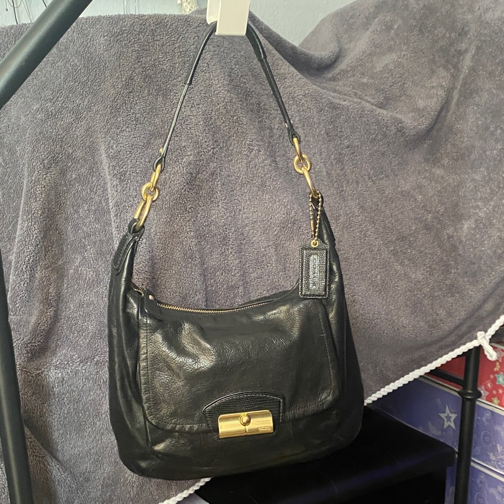 Vintage Coach Black Leather Hobo Bag with Gold Accents